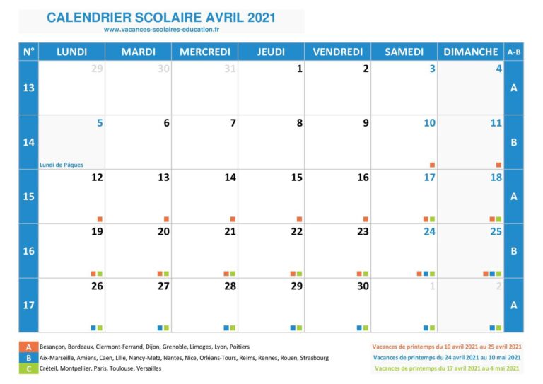 calendrier avec dates des vacances davril