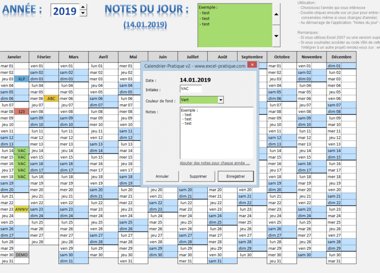 calendrier avec dates sur fond excel