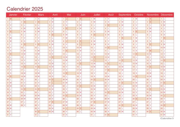 calendrier avec des jours feries surlignes