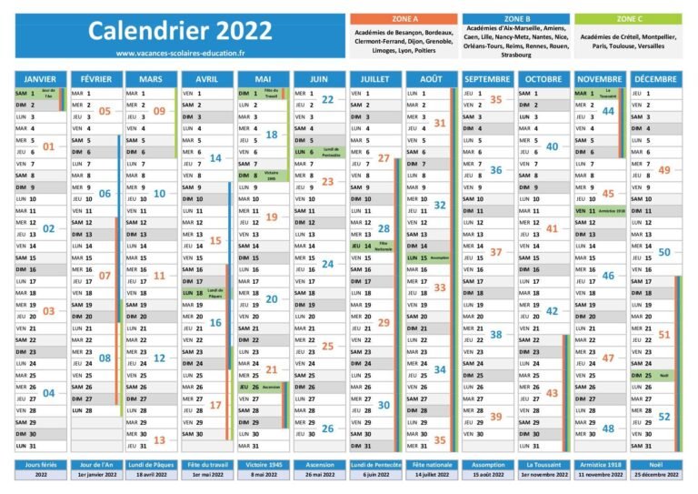calendrier avec jours feries mis en evidence