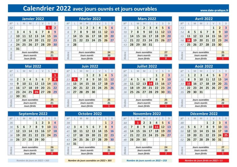 calendrier avec jours ouvrables et jours ouvres