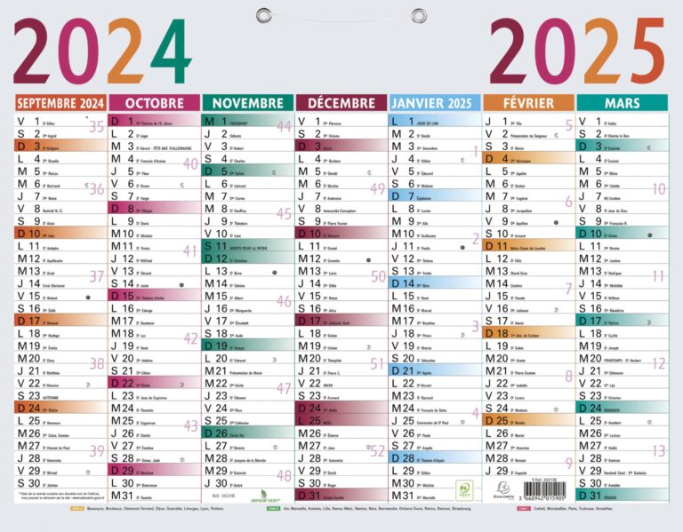 calendrier scolaire avec dates et zones colorees