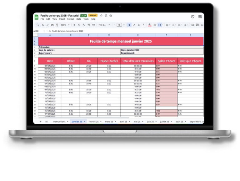 heures supplementaires sur un tableau de bureau