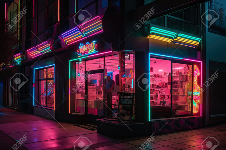 magasins colores avec enseignes lumineuses