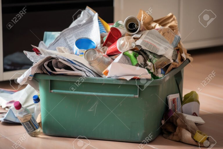 poubelle remplie de documents en desordre