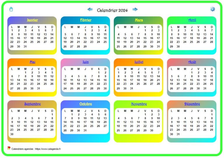 un calendrier avec des jours en couleur