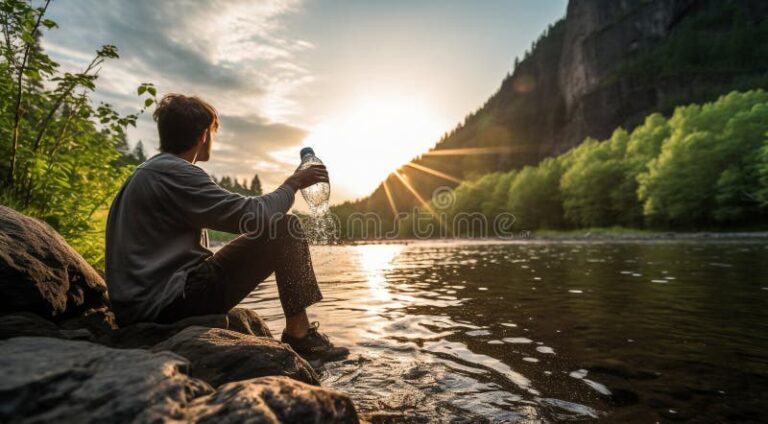 une personne buvant de leau au coucher du soleil